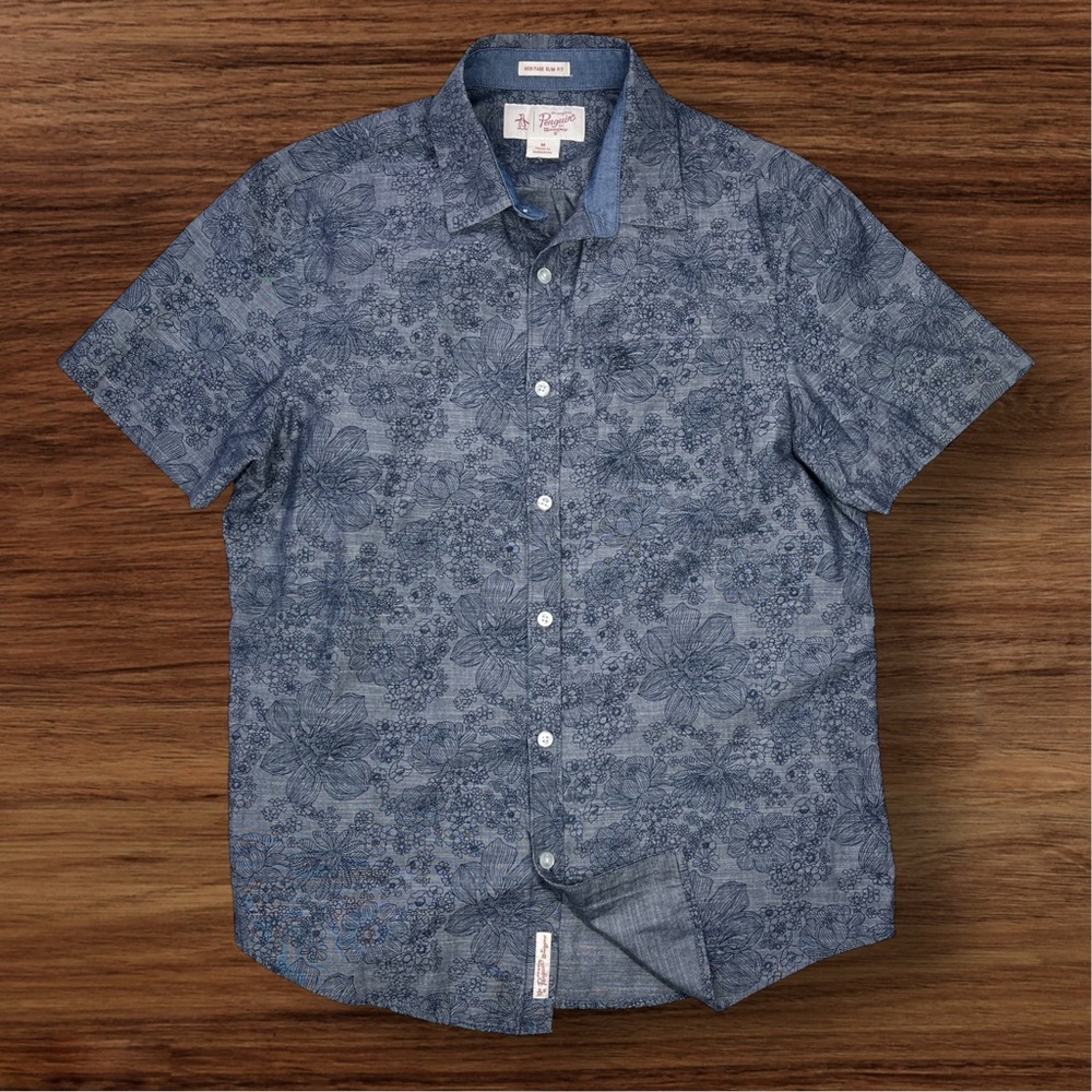Original Penguin Men’s Blue Floral Slim Fit SS Button Down Shirt. Medium.